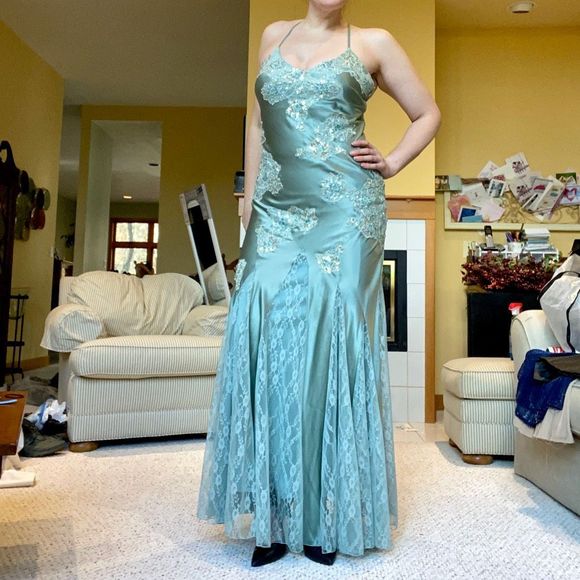 Vintage Cache Silk Gown Beaded Lace Sequin Gemstone Slinky Low Back Dress - SZ 8 - Picture 6 of 12